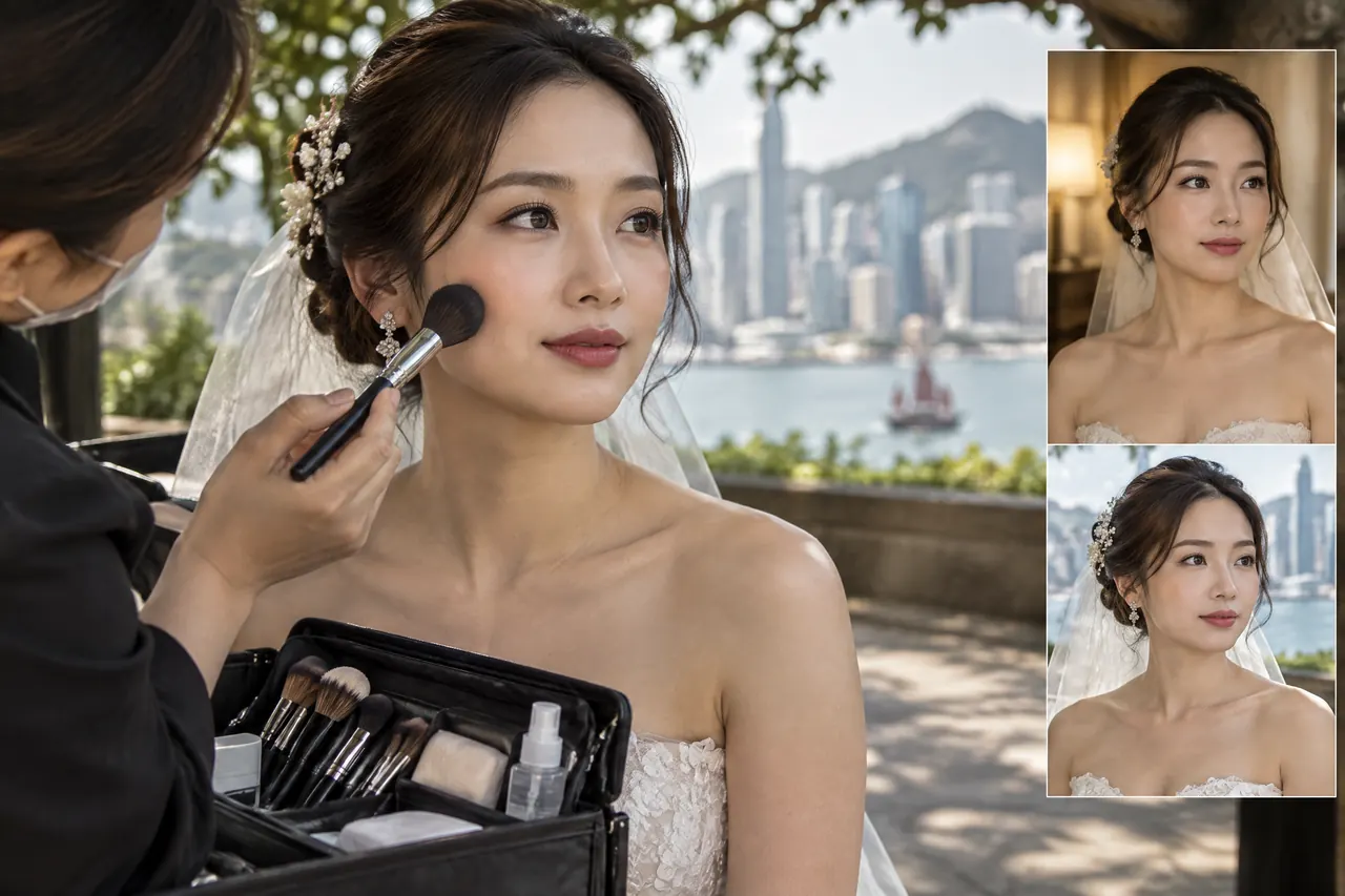 香港新娘化妝與試妝：戶外婚紗照片前整理妝容，原創視覺示意