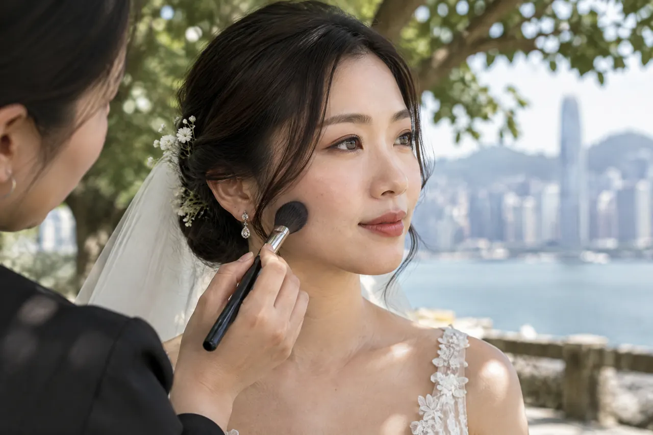 香港婚紗攝影化妝：戶外照片拍攝前的補妝準備，原創視覺示意