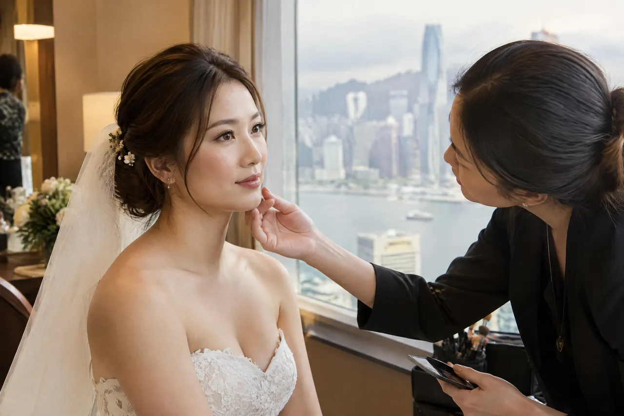香港婚紗攝影化妝：婚紗攝影室內燈光下的妝感，原創視覺示意