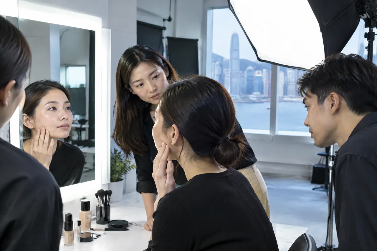 香港專業化妝學習:攝影燈光下檢查化妝質感,原創視覺示意