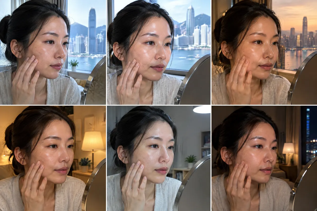 香港膚質與持妝：室內外光線對妝感的影響，原創視覺示意