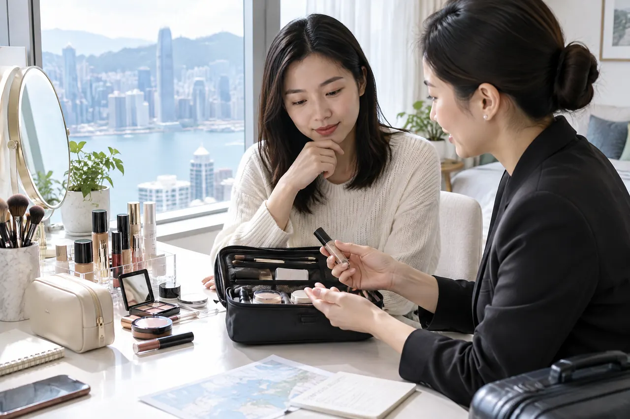 香港上門與預約查詢：在家與化妝師討論化妝需要，原創視覺示意